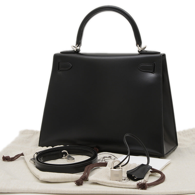 ケリー28 外縫い ボックスカーフ ブラック シルバー金具 K刻印 ハンドバッグ