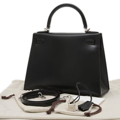ケリー28 外縫い ボックスカーフ ブラック シルバー金具 K刻印 ハンドバッグ