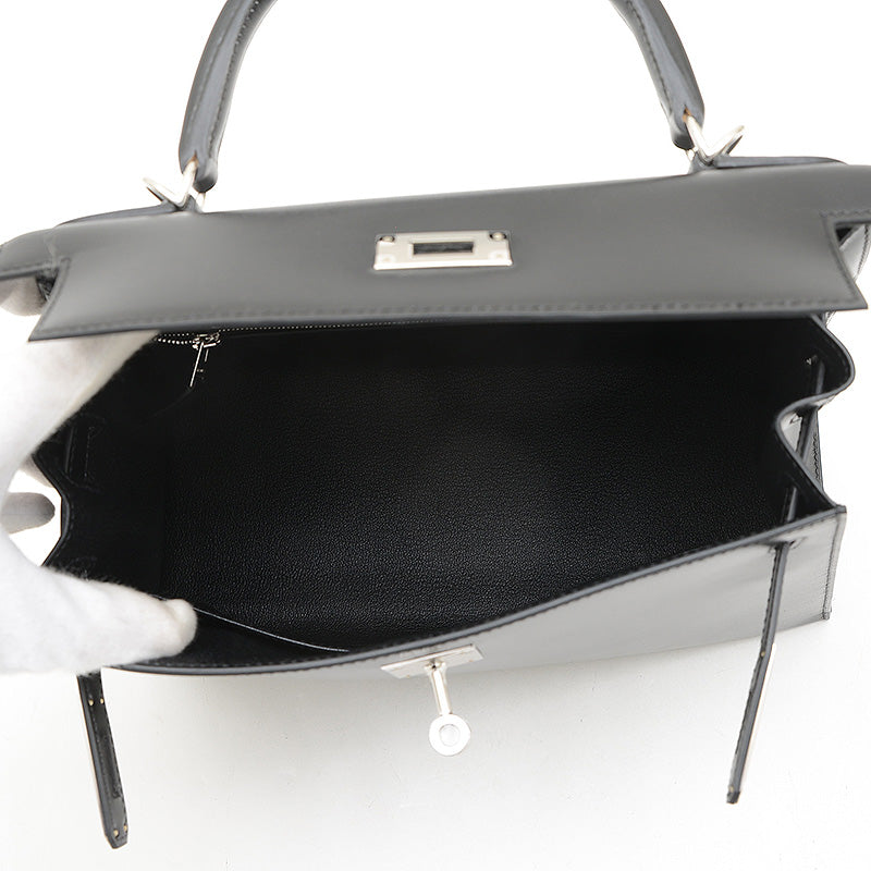 ケリー28 外縫い ボックスカーフ ブラック シルバー金具 K刻印 ハンドバッグ