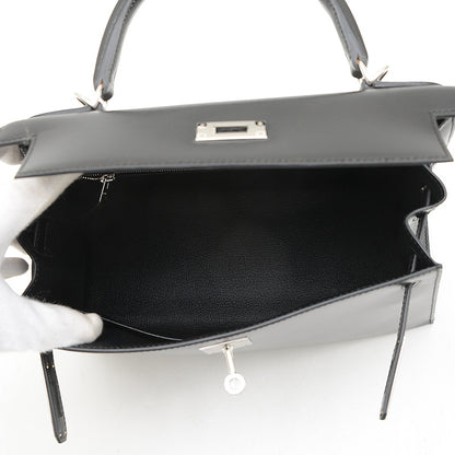 ケリー28 外縫い ボックスカーフ ブラック シルバー金具 K刻印 ハンドバッグ