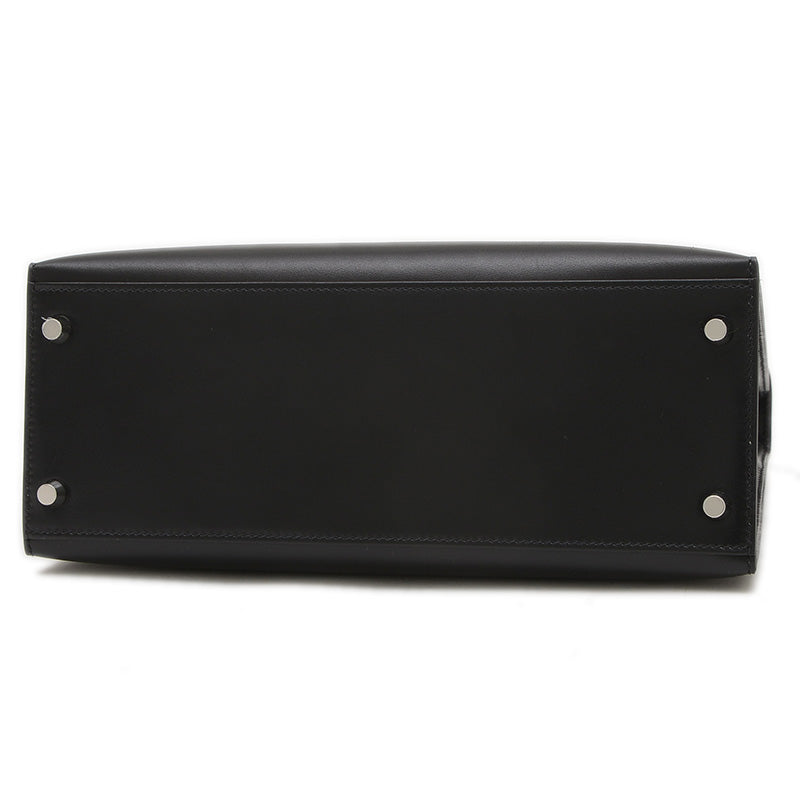 ケリー28 外縫い ボックスカーフ ブラック シルバー金具 K刻印 ハンドバッグ