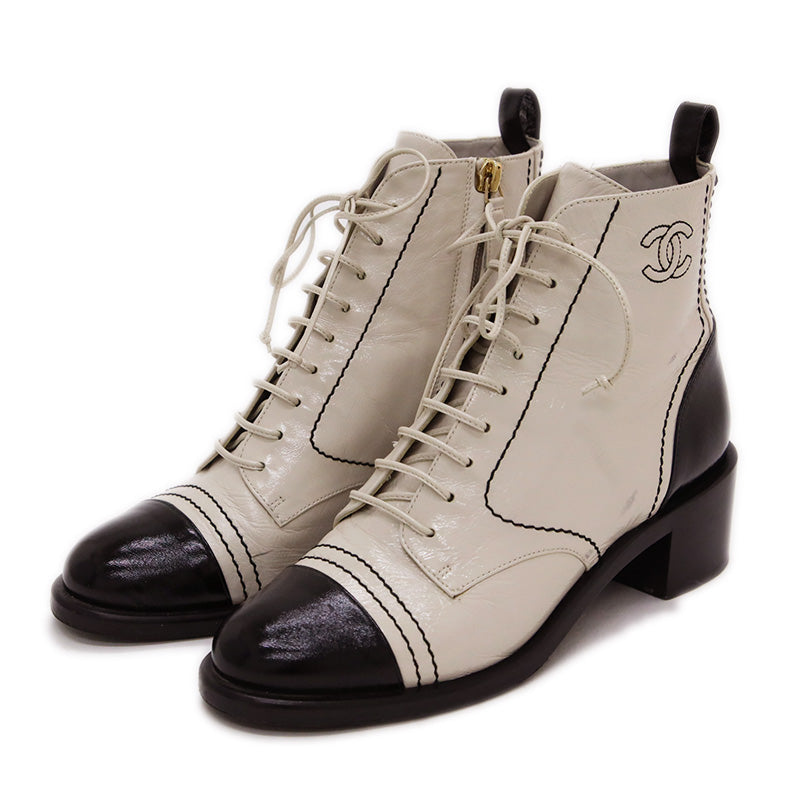 ショートブーツ ココマーク パテントレザー アイボリー/ブラック #36.5 G34643 ブーツ