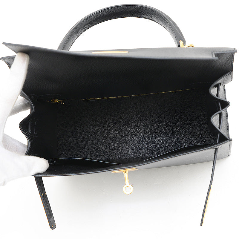 ケリー28 外縫い エプソン ブラック ゴールド金具 D刻印 ハンドバッグ
