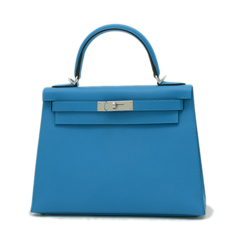 ケリー28 外縫い エプソン ブルーザンジバル シルバー金具 W刻印 ハンドバッグ