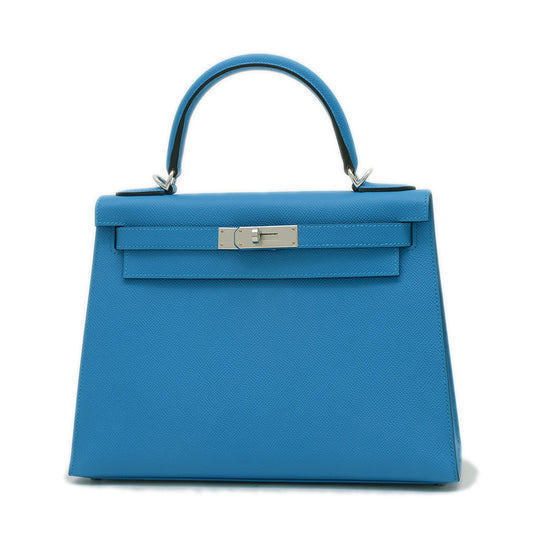 ケリー28 外縫い エプソン ブルーザンジバル シルバー金具 W刻印 ハンドバッグ