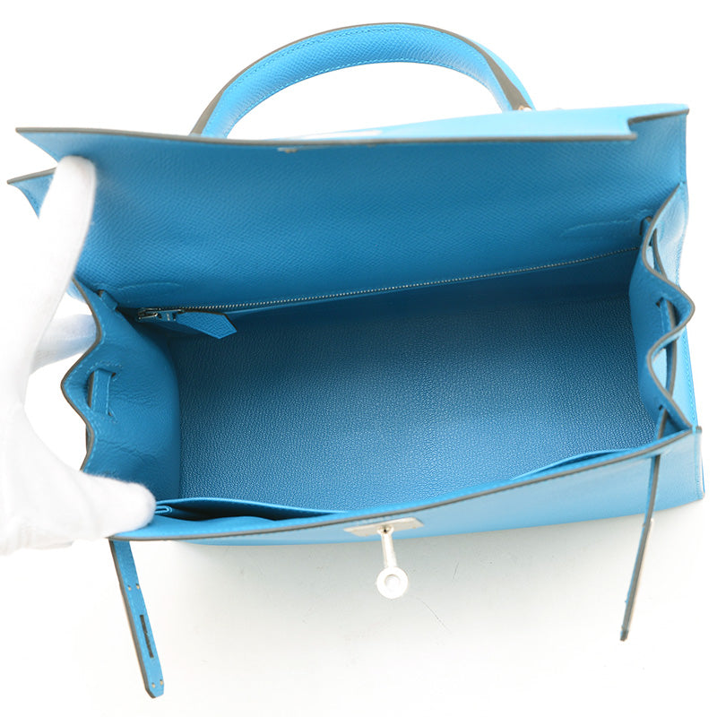 ケリー28 外縫い エプソン ブルーザンジバル シルバー金具 W刻印 ハンドバッグ