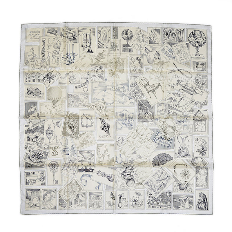 カレ90 フォーブルの切手愛好家 シルク グレー/パーシュマン/ホワイト スカーフ