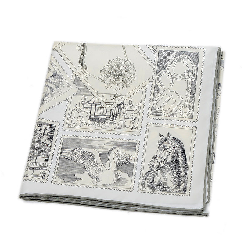 カレ90 フォーブルの切手愛好家 シルク グレー/パーシュマン/ホワイト スカーフ