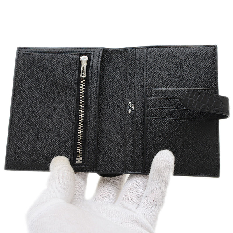 ベアンコンパクト タッチ エプソン/アリゲーター ブラック シルバー金具 B刻印 二つ折り財布