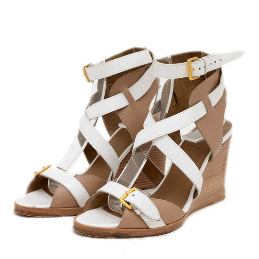 ウェッジソールサンダル レザー ホワイト/グレージュ 36.5サイズ サンダル