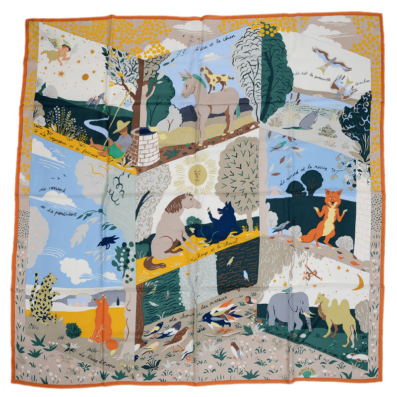 カレ140 ジェアン ショール イソップ物語 オレンジ/グリーン/ブルーシエル シルク スカーフ