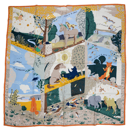 カレ140 ジェアン ショール イソップ物語 オレンジ/グリーン/ブルーシエル シルク スカーフ