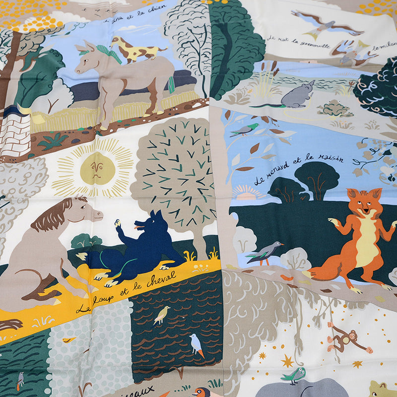 カレ140 ジェアン ショール イソップ物語 オレンジ/グリーン/ブルーシエル シルク スカーフ