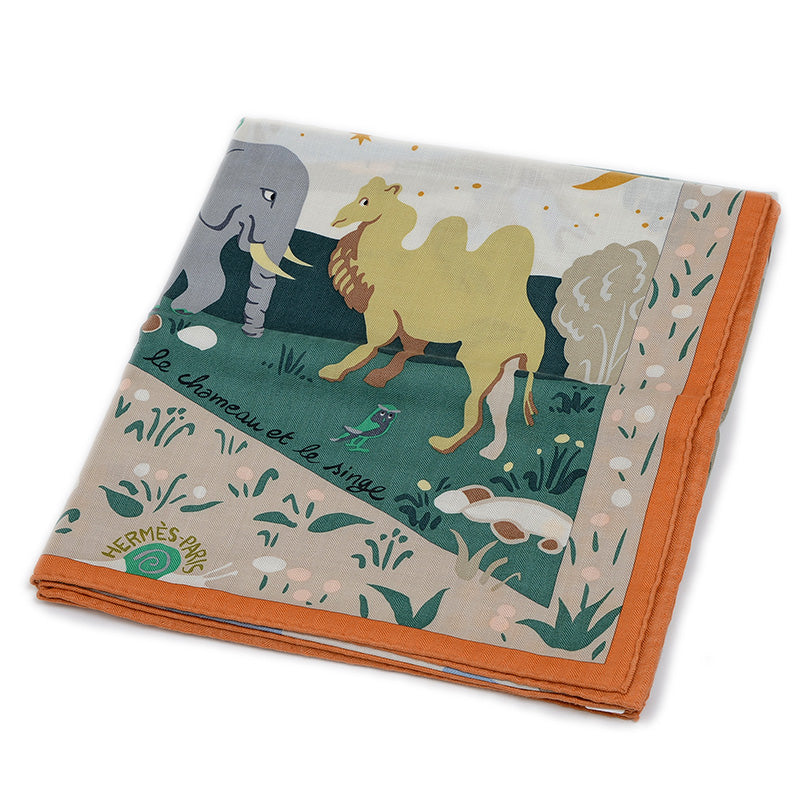 カレ140 ジェアン ショール イソップ物語 オレンジ/グリーン/ブルーシエル シルク スカーフ