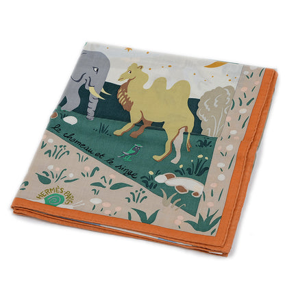 カレ140 ジェアン ショール イソップ物語 オレンジ/グリーン/ブルーシエル シルク スカーフ