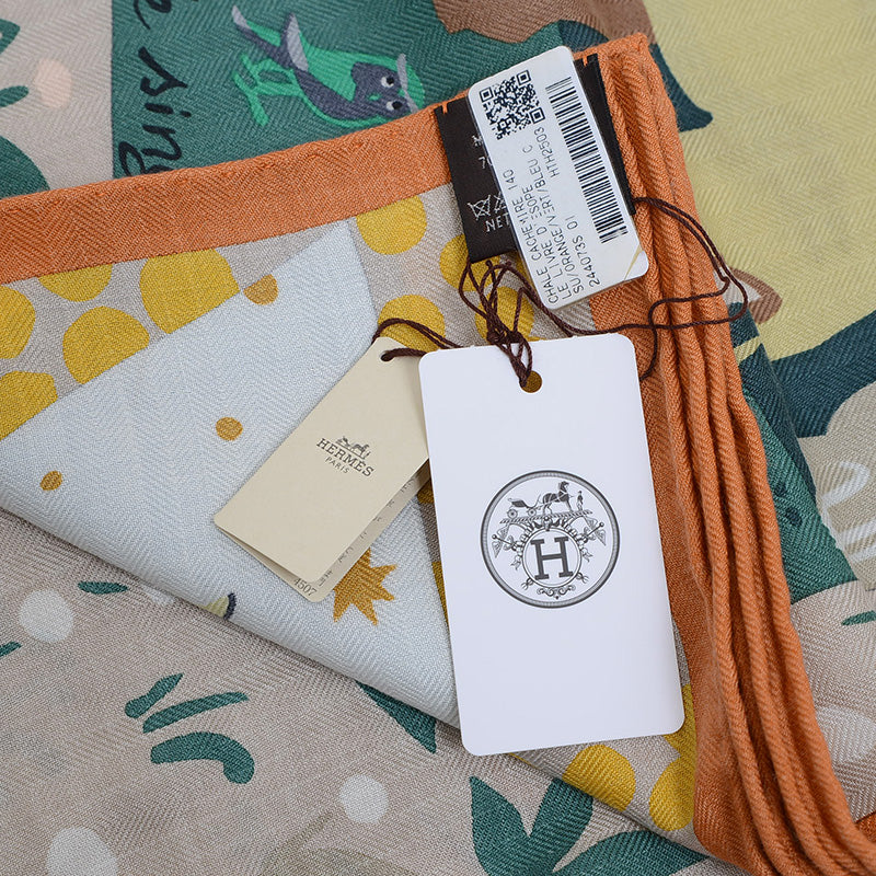 カレ140 ジェアン ショール イソップ物語 オレンジ/グリーン/ブルーシエル シルク スカーフ