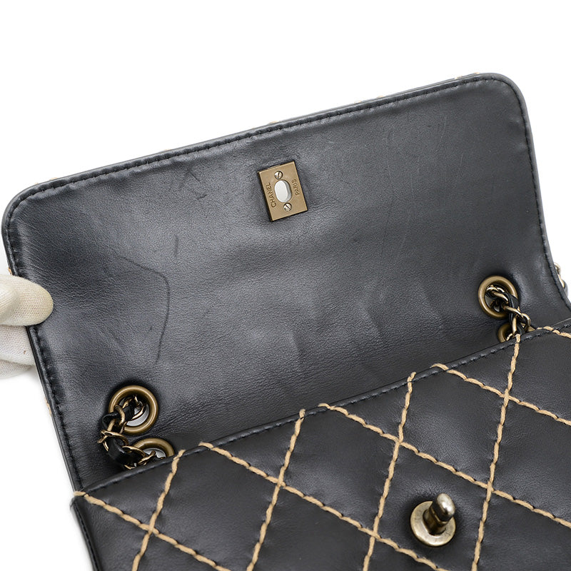 マトラッセ ワイルドステッチ チェーンショルダー レザー ブラック シルバー金具 ショルダーバッグ