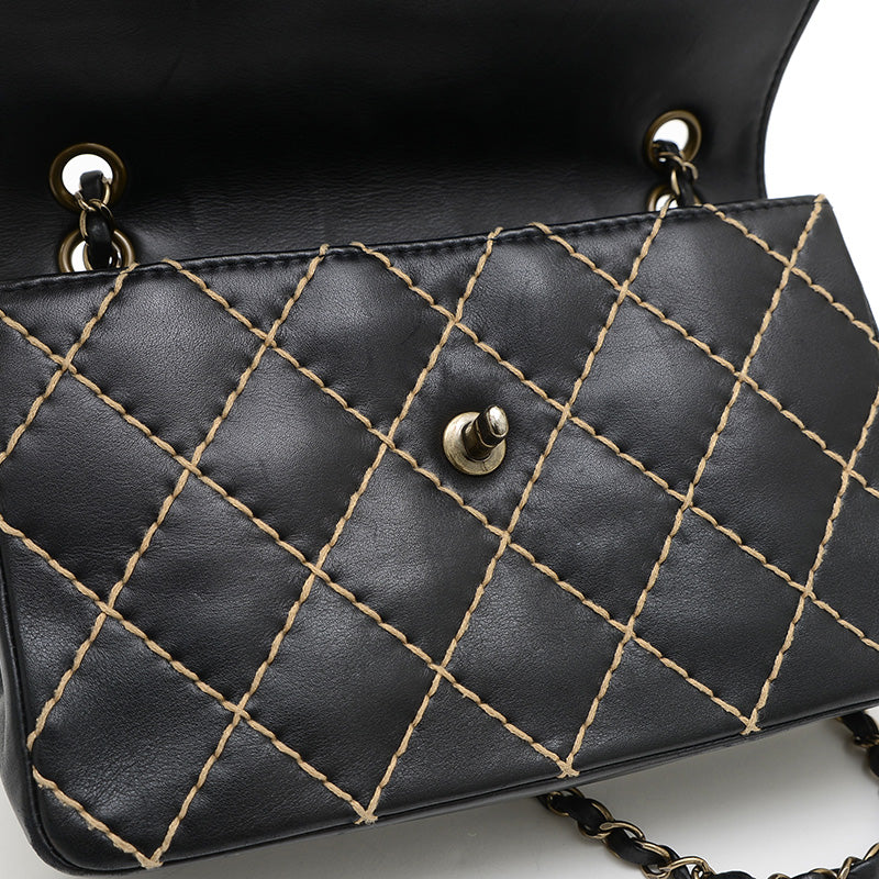 マトラッセ ワイルドステッチ チェーンショルダー レザー ブラック シルバー金具 ショルダーバッグ