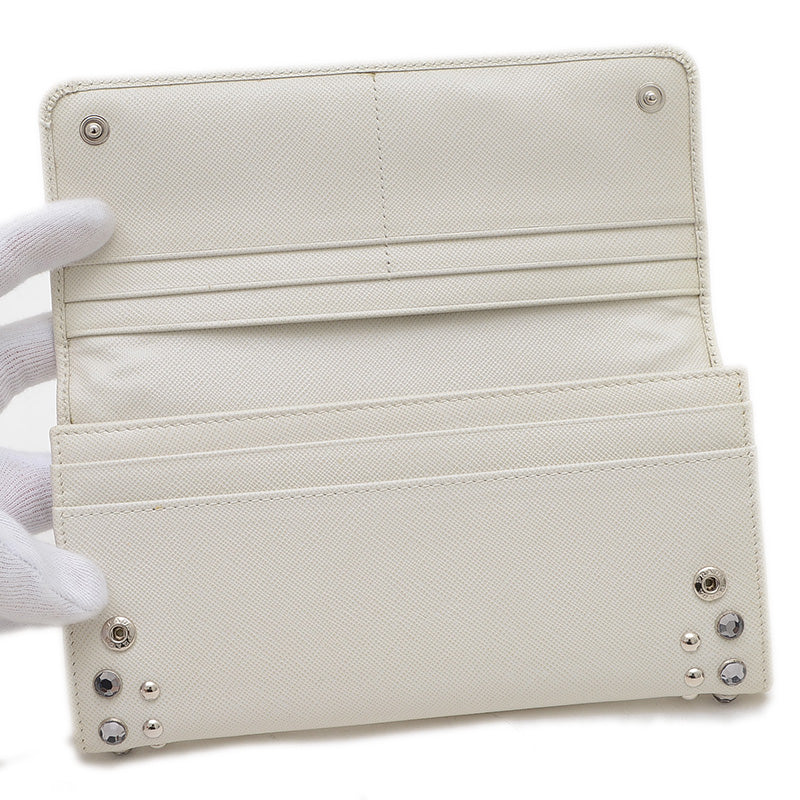 サフィアーノ 二つ折り長財布 レザー/スタッズ/ラインストーン ホワイト 1MH132 長財布