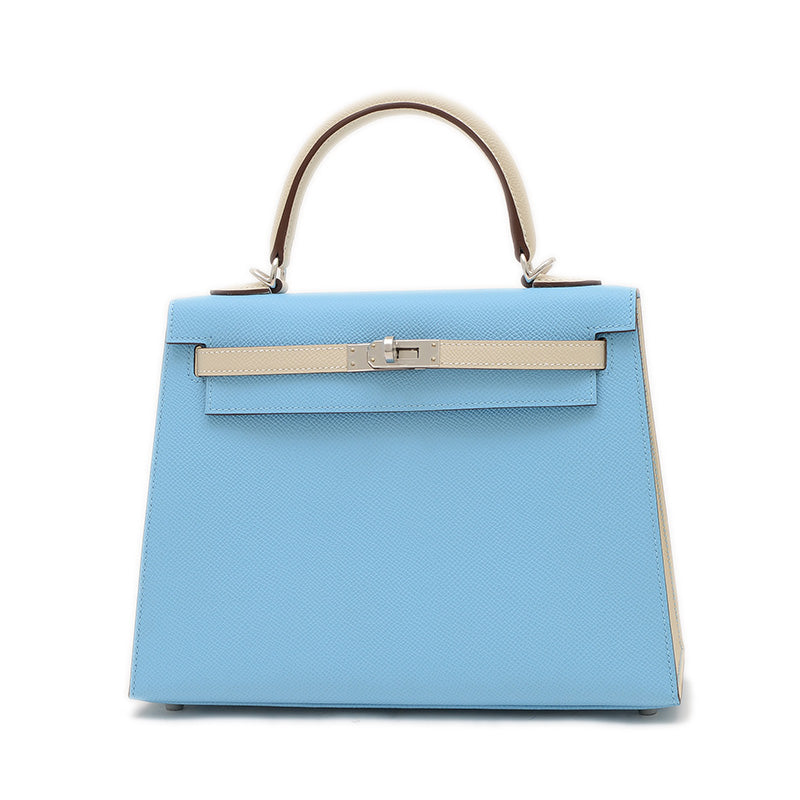 ケリー25 外縫い パーソナル エプソン セレステ/クレ シルバー金具 K刻印 ハンドバッグ