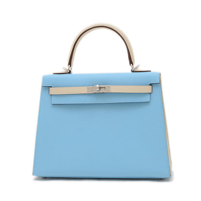 ケリー25 外縫い パーソナル エプソン セレステ/クレ シルバー金具 K刻印 ハンドバッグ