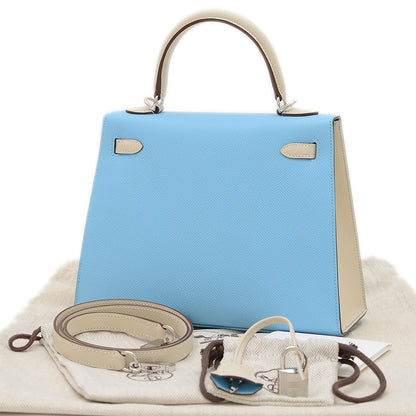 ケリー25 外縫い パーソナル エプソン セレステ/クレ シルバー金具 K刻印 ハンドバッグ