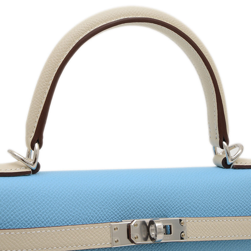 ケリー25 外縫い パーソナル エプソン セレステ/クレ シルバー金具 K刻印 ハンドバッグ