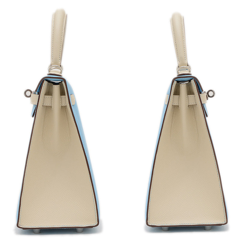 ケリー25 外縫い パーソナル エプソン セレステ/クレ シルバー金具 K刻印 ハンドバッグ