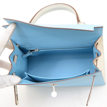 ケリー25 外縫い パーソナル エプソン セレステ/クレ シルバー金具 K刻印 ハンドバッグ