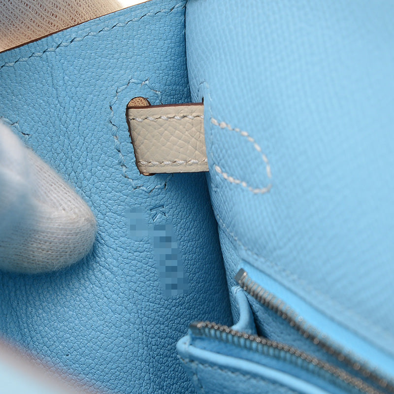 ケリー25 外縫い パーソナル エプソン セレステ/クレ シルバー金具 K刻印 ハンドバッグ