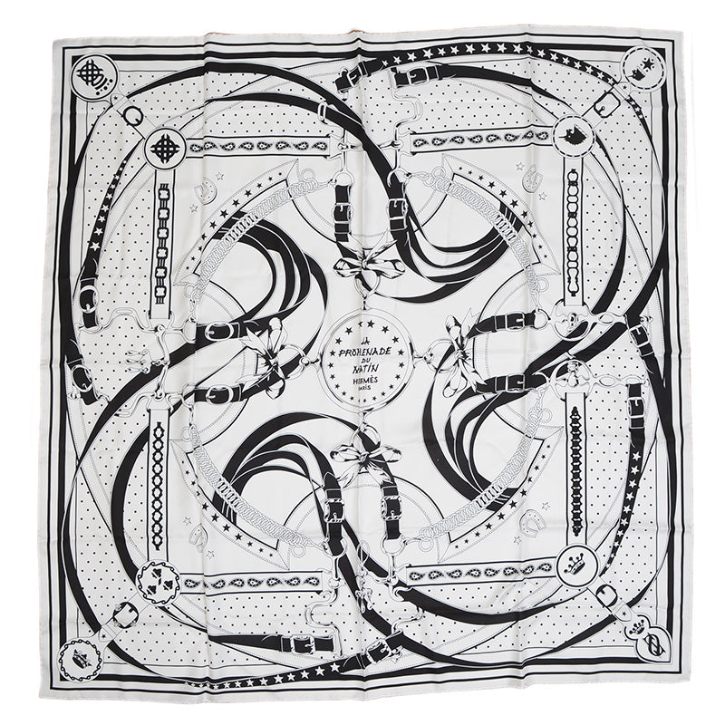 カレ140 ダブルフェイス 朝の散歩 バンダナ シルク ホワイト/ブラック/キュイール スカーフ