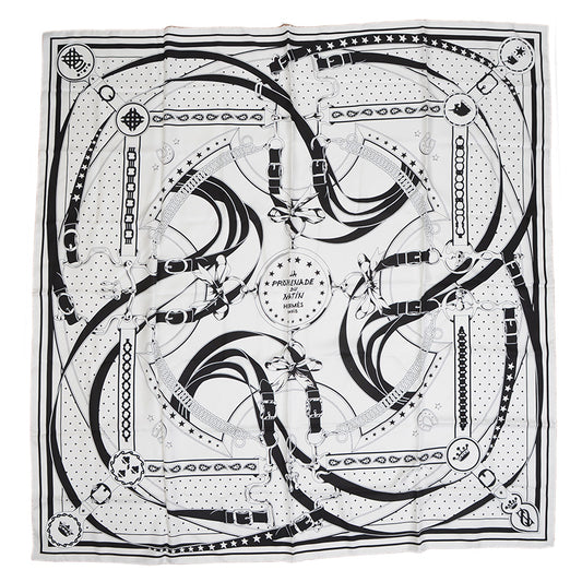 カレ140 ダブルフェイス 朝の散歩 バンダナ シルク ホワイト/ブラック/キュイール スカーフ