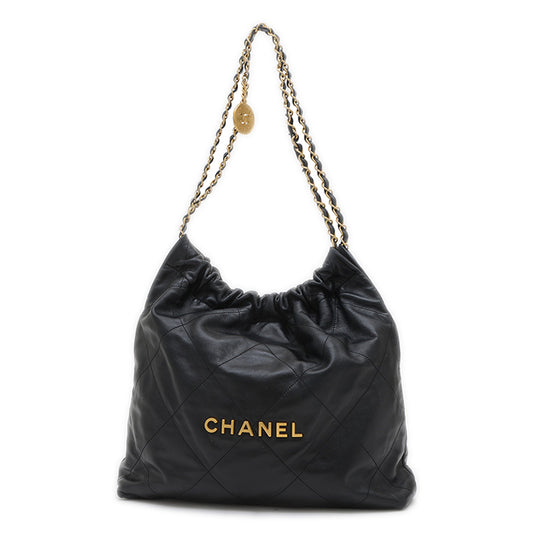 シャネル22 チェーンショルダーバッグ カーフスキン ブラック ゴールド金具 AS3261 ショルダーバッグ