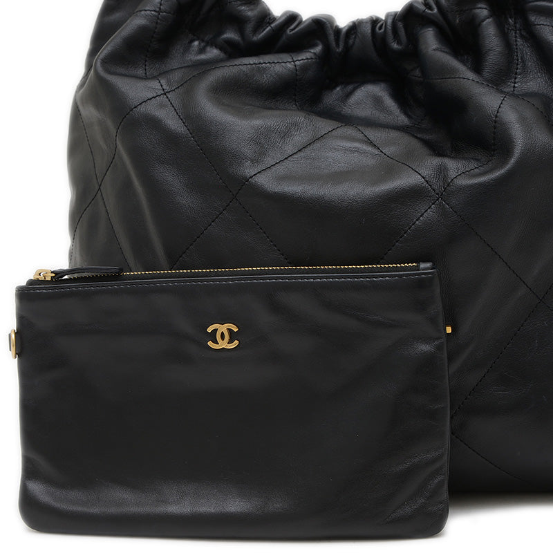 シャネル22 チェーンショルダーバッグ カーフスキン ブラック ゴールド金具 AS3261 ショルダーバッグ