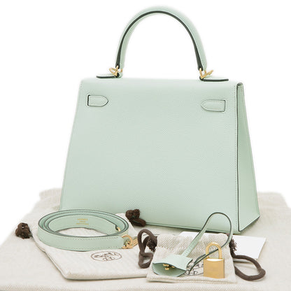 ケリー25 外縫い エプソン ペパーミント シャンパンゴールド金具 K刻印 ハンドバッグ