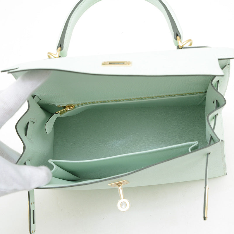 ケリー25 外縫い エプソン ペパーミント シャンパンゴールド金具 K刻印 ハンドバッグ