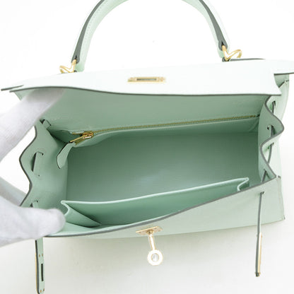 ケリー25 外縫い エプソン ペパーミント シャンパンゴールド金具 K刻印 ハンドバッグ