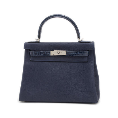 ケリー28 タッチ 内縫い トゴ/アリゲーター ブルーニュイ シルバー金具 Z刻印 ハンドバッグ