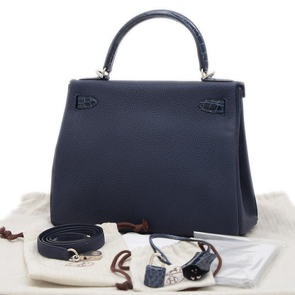 ケリー28 タッチ 内縫い トゴ/アリゲーター ブルーニュイ シルバー金具 Z刻印 ハンドバッグ