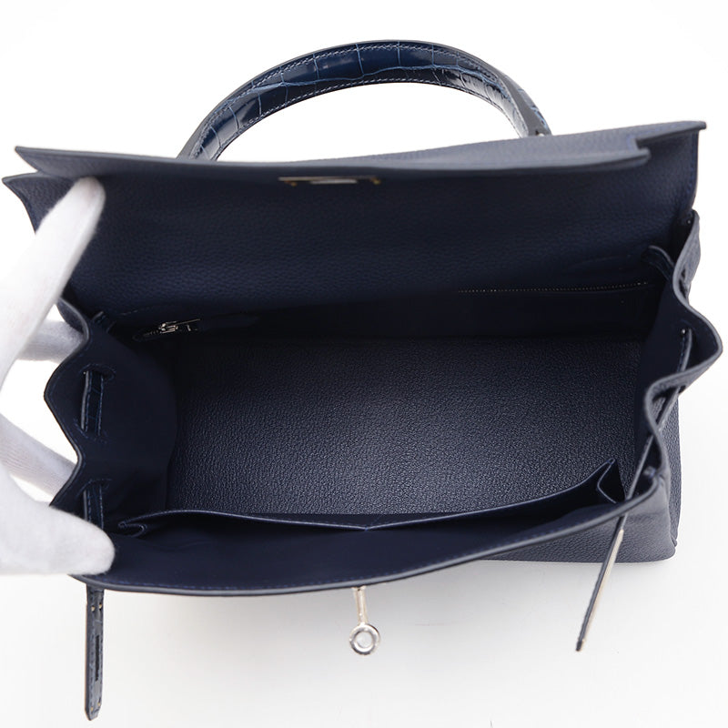 ケリー28 タッチ 内縫い トゴ/アリゲーター ブルーニュイ シルバー金具 Z刻印 ハンドバッグ