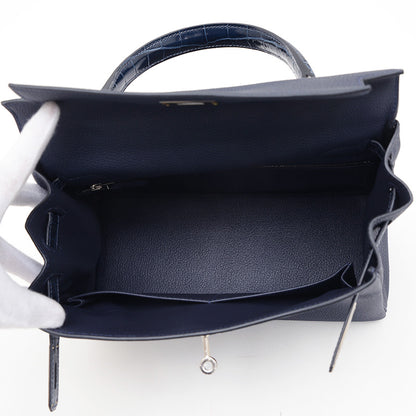 ケリー28 タッチ 内縫い トゴ/アリゲーター ブルーニュイ シルバー金具 Z刻印 ハンドバッグ