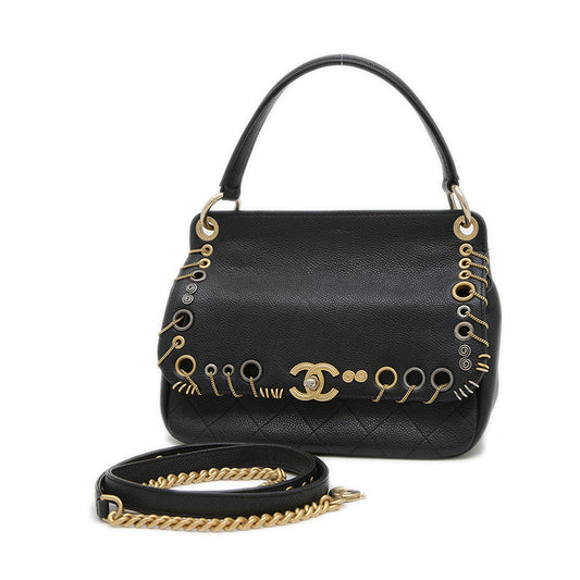 ピアッシング 2WAYバッグ キャビアスキン ブラック ハンドバッグ