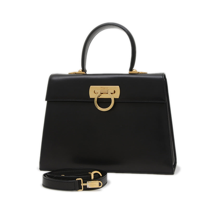 ガンチーニ 2WAYバッグ ボックスカーフ ブラック ゴールド金具 ハンドバッグ