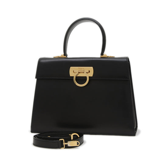 ガンチーニ 2WAYバッグ ボックスカーフ ブラック ゴールド金具 ハンドバッグ