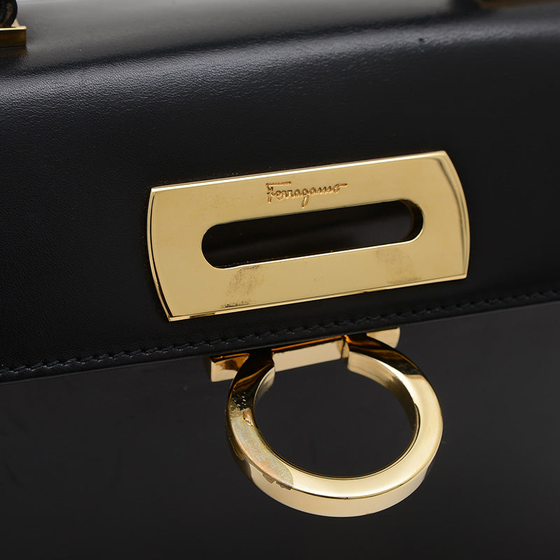 ガンチーニ 2WAYバッグ ボックスカーフ ブラック ゴールド金具 ハンドバッグ