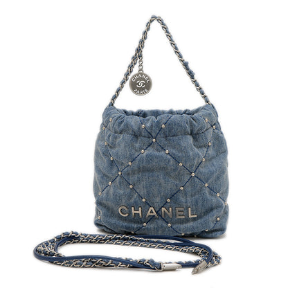 シャネル22 ミニ スタッズ チェーンショルダー デニムキャンバス ブルー AS3980 ショルダーバッグ