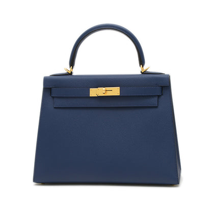ケリー28 外縫い エプソン ブルーネイビー ゴールド金具 W刻印 ハンドバッグ