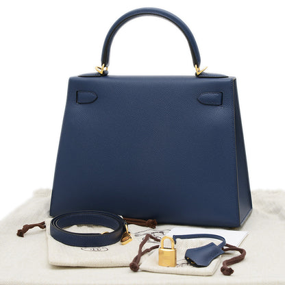 ケリー28 外縫い エプソン ブルーネイビー ゴールド金具 W刻印 ハンドバッグ