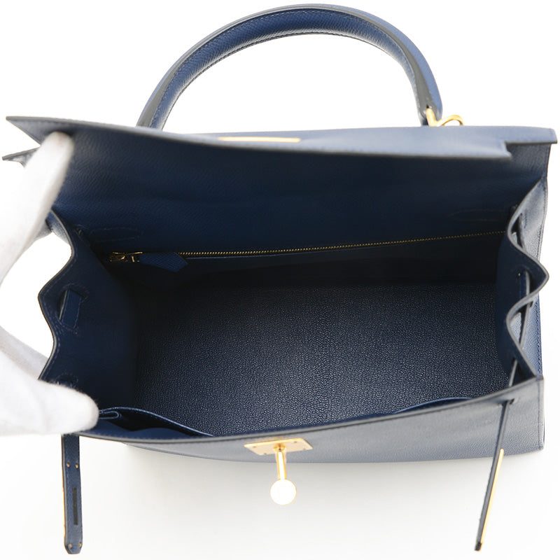 ケリー28 外縫い エプソン ブルーネイビー ゴールド金具 W刻印 ハンドバッグ