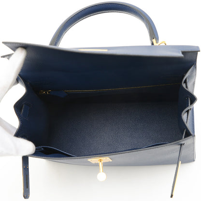 ケリー28 外縫い エプソン ブルーネイビー ゴールド金具 W刻印 ハンドバッグ